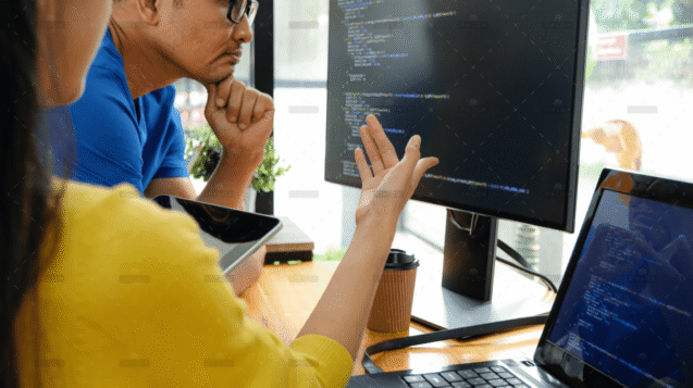Two developers reviewing code on a computer monitor